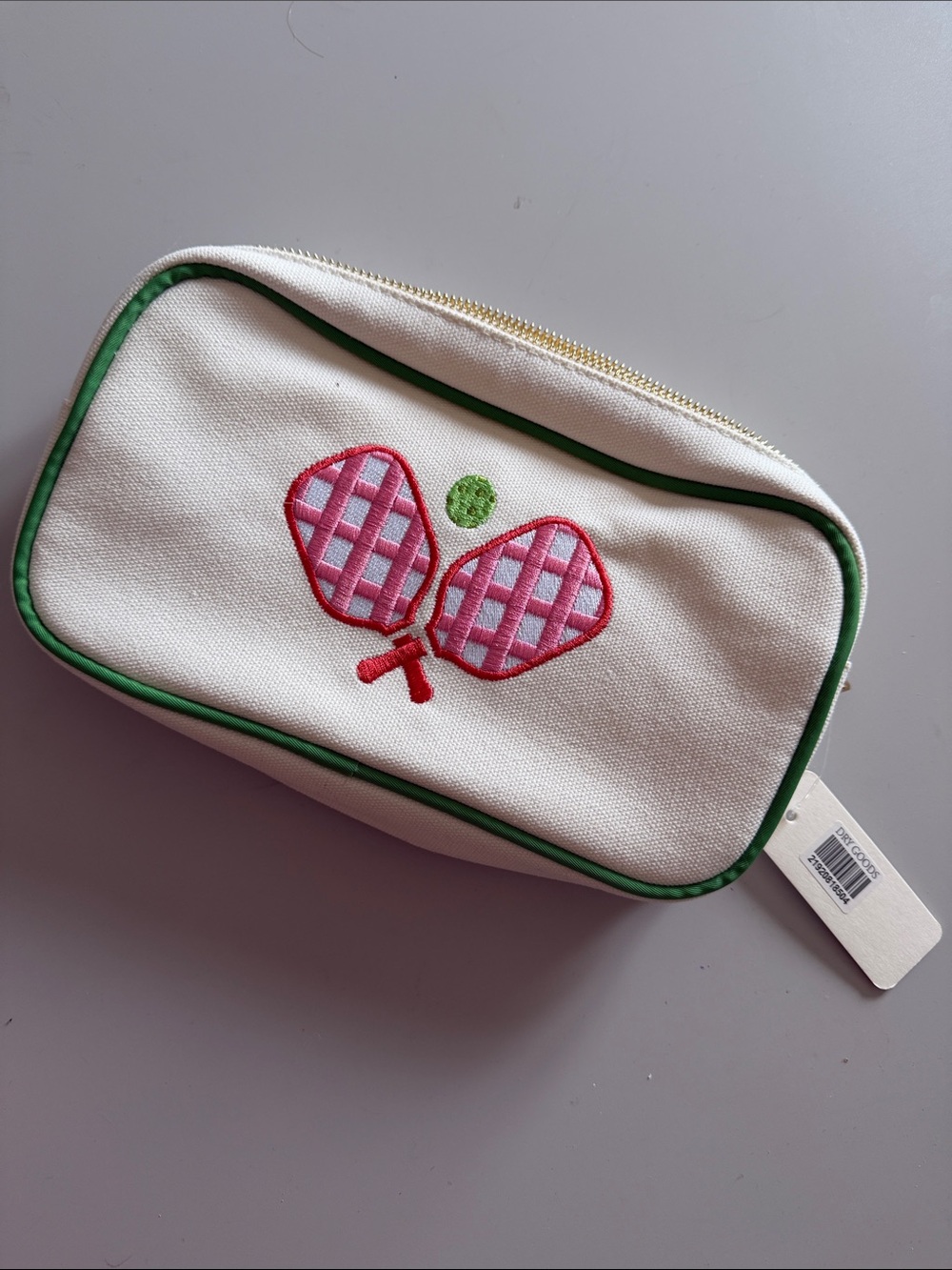 NWT Cream Canvas Pickleball Pouch with Pink Embroidery